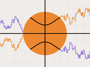 Editorial illustration combining a basketball with stock-market-style line charts in orange and purple on a grid background, suggesting a connection between basketball and financial data.