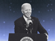 Stylized black-and-white editorial photo of President Biden at a podium with a blue star-patterned background.