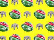 Repeating pattern of Teenage Mutant Ninja Turtle faces with red bandanas and Nintendo 64 controllers on a bright yellow background.