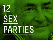 Green-tinted editorial illustration of an older man's face overlaid with large white text reading 12 Sex Parties.