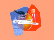 Editorial collage illustration showing Trump, the US Capitol, a peach, and labels for the two impeachment articles: Abuse of Power and Obstruction of Congress.