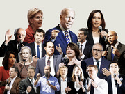 Editorial illustration collage of 2020 Democratic presidential candidates including Biden, Warren, Sanders, Harris, and others speaking at microphones.