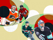 Editorial collage of four NHL hockey players in team uniforms set against a colorful abstract background of overlapping circles.