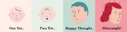 Four illustrated faces of babies and adults with captions reading One Tot, Two Tot, Happy Thought, Distraught in a playful editorial style.