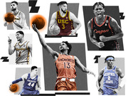 Editorial collage illustration of seven college basketball players in uniforms from Michigan, USC, Houston Cougars, Loyola Ramblers, Virginia Tech Hokies, Creighton, and Memphis State.