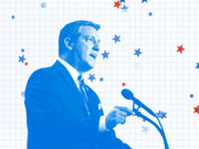 Blue-tinted editorial illustration of a man speaking at a podium microphone, surrounded by red, white, and blue stars on a grid background.