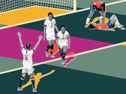 Editorial collage illustration showing US women's soccer players celebrating a goal while opposing players lie on the field, set against a colorful geometric background.