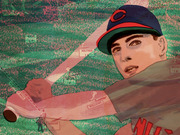 Editorial illustration of a baseball player in a C-logo cap swinging a bat, overlaid with vintage baseball field graphics and player name labels.