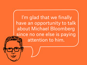 Editorial illustration of a cartoon face with glasses and a speech bubble quoting a remark about Michael Bloomberg on an orange background.