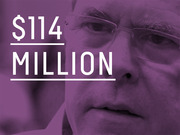 Purple-tinted editorial infographic showing a close-up of a man's face overlaid with large white text reading $114 Million.