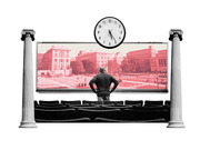 Editorial collage illustration showing a figure standing before a large screen displaying a university campus, flanked by classical columns with a clock overhead.