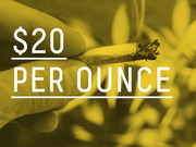 Yellow-tinted editorial graphic showing a hand holding a marijuana cigarette with large white text reading $20 per ounce.