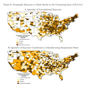 Two US choropleth maps showing geographic exposure to trade shocks at the commuting zone level by quartile, unconditional and conditional on manufacturing employment share, 1990-2007.