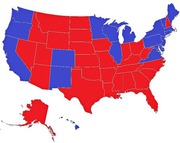 US electoral map showing states colored red or blue, likely representing Republican and Democratic party results in a presidential election.
