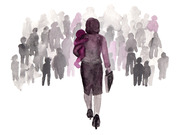 Watercolor illustration of a working mother carrying a child on her hip and a briefcase, walking toward a crowd of silhouetted figures.