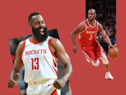 Editorial collage of two Houston Rockets NBA players, number 13 and number 3, cut out against a red background.