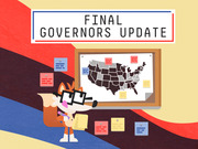 Illustrated FiveThirtyEight fox mascot with glasses pointing at a US map on a bulletin board, titled Final Governors Update
