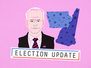 Editorial illustration showing a cartoon portrait of Joe Biden alongside blue star-patterned state outlines and an Election Update banner on a pink background.