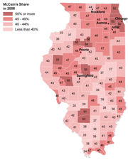 Choropleth map of Illinois counties showing McCain's vote share in the 2008 presidential election, with counties shaded from light pink (under 40%) to dark red (50% or more).
