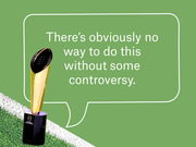 Editorial illustration of the College Football Playoff National Championship trophy on a football field with a speech bubble reading there's obviously no way to do this without some controversy.