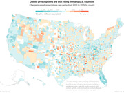 Choropleth map of the US showing change in opioid prescriptions per capita from 2010 to 2015 by county, colored from teal (decrease) to red (increase) in morphine milligram equivalents.