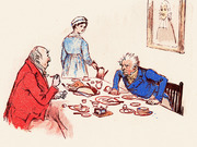 Period illustration of two men dining at a table with a maid serving, and a portrait hanging on the wall behind them.