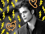 Black and white photo of a young man overlaid with yellow lightning bolt doodles and an orange heart with CHO written inside, editorial illustration style.