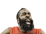 Stylized editorial illustration of a bearded basketball player in a red jersey shouting with head tilted back, rendered in a watercolor-like style.