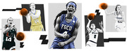 Editorial collage of five women's college basketball players from teams including Miami, Georgia Tech, FGCU, Vikings, and Villanova.