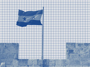Blue-tinted editorial illustration of the Honduran flag on a pole above a stone wall, overlaid with a grid pattern.