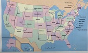 French-labeled US map with a hand-drawn route traced from California (Start) through multiple states to Maine (Finish).