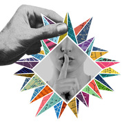 Collage editorial illustration showing a hand flicking a coin and a person making a silence gesture, surrounded by colorful geometric chart fragments.