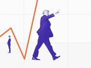 Editorial illustration showing a large blue-tinted figure of Donald Trump striding and pointing, alongside a small standing figure, overlaid on an orange zigzag line chart background.