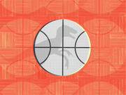Editorial illustration of a basketball with a raptor dinosaur silhouette inside, set against an orange hardwood court background.