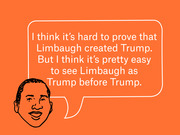 Editorial illustration of a person with a speech bubble quote saying Limbaugh can be seen as Trump before Trump, on an orange background.