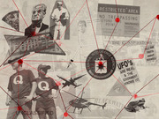 Editorial collage illustration featuring conspiracy theory imagery including QAnon shirts, CIA seal, UFO signs, restricted area notices, and red string connecting nodes.