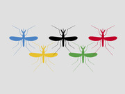 Five mosquito silhouettes arranged in the pattern of the Olympic rings, colored blue, black, red, yellow, and green on a gray background.