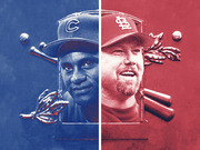 Split editorial illustration showing a Chicago Cubs player in blue on the left and a St. Louis Cardinals player in red on the right, divided down the middle.