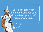 Editorial illustration of Carolina Panthers player D.J. Moore with a speech bubble quoting a humorous NFL rule about helmet removal.
