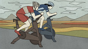Editorial illustration of two cyclists in racing gear riding stationary exercise bikes against a colorful outdoor landscape backdrop.
