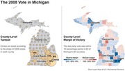 Two maps of Michigan showing county-level voter turnout with sized circles and county-level margin of victory by party color for the 2008 presidential election.