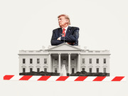 Editorial collage showing Donald Trump with arms crossed looming over a black-and-white White House with a red-and-white barrier across the bottom.