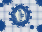 Blue-toned editorial illustration of coronavirus particles on a grid background, with a large letter O embedded in the central virus particle.
