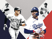 Editorial illustration showing New York Yankees and Los Angeles Dodgers baseball players, both current and historical, against a geometric navy and red background.