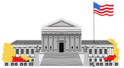 Editorial illustration of the US Supreme Court building with columns, steps, statues, colorful foliage, and an American flag on a flagpole.