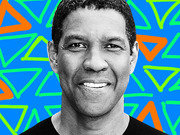 Black and white photo of a smiling man composited against a bright blue background with colorful green and orange triangle shapes.