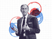 Black and white editorial illustration of a man in a suit gesturing, surrounded by overlapping red and blue watercolor coffee ring stains on a grid background.