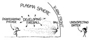 XKCD-style stick figure cartoon showing a pitcher disintegrating while throwing a baseball that creates a plasma sphere and X-ray front toward an unsuspecting batter.