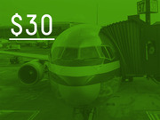 Green-tinted photo of an airplane at gate 37 overlaid with large white text showing $30, used as a data-driven editorial graphic about airline fees.